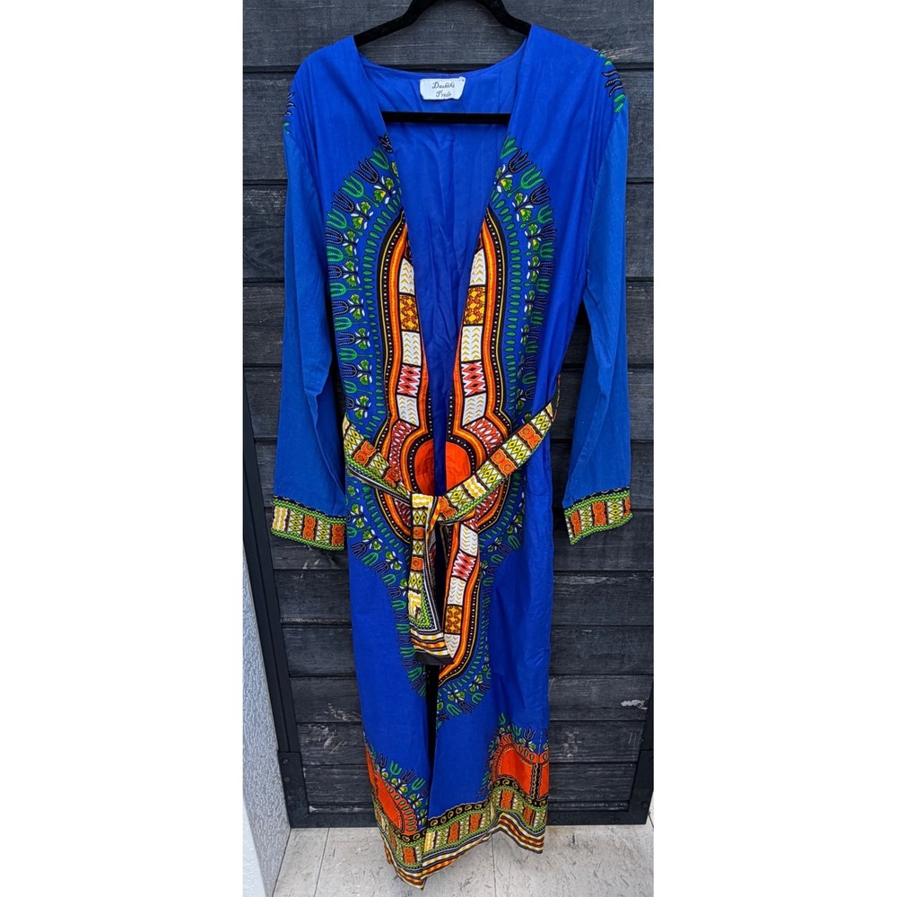 Dashiki Pride Blue African Print Maxi Robe Duster with Waist Tie Belt One Size - Picture 1 of 5